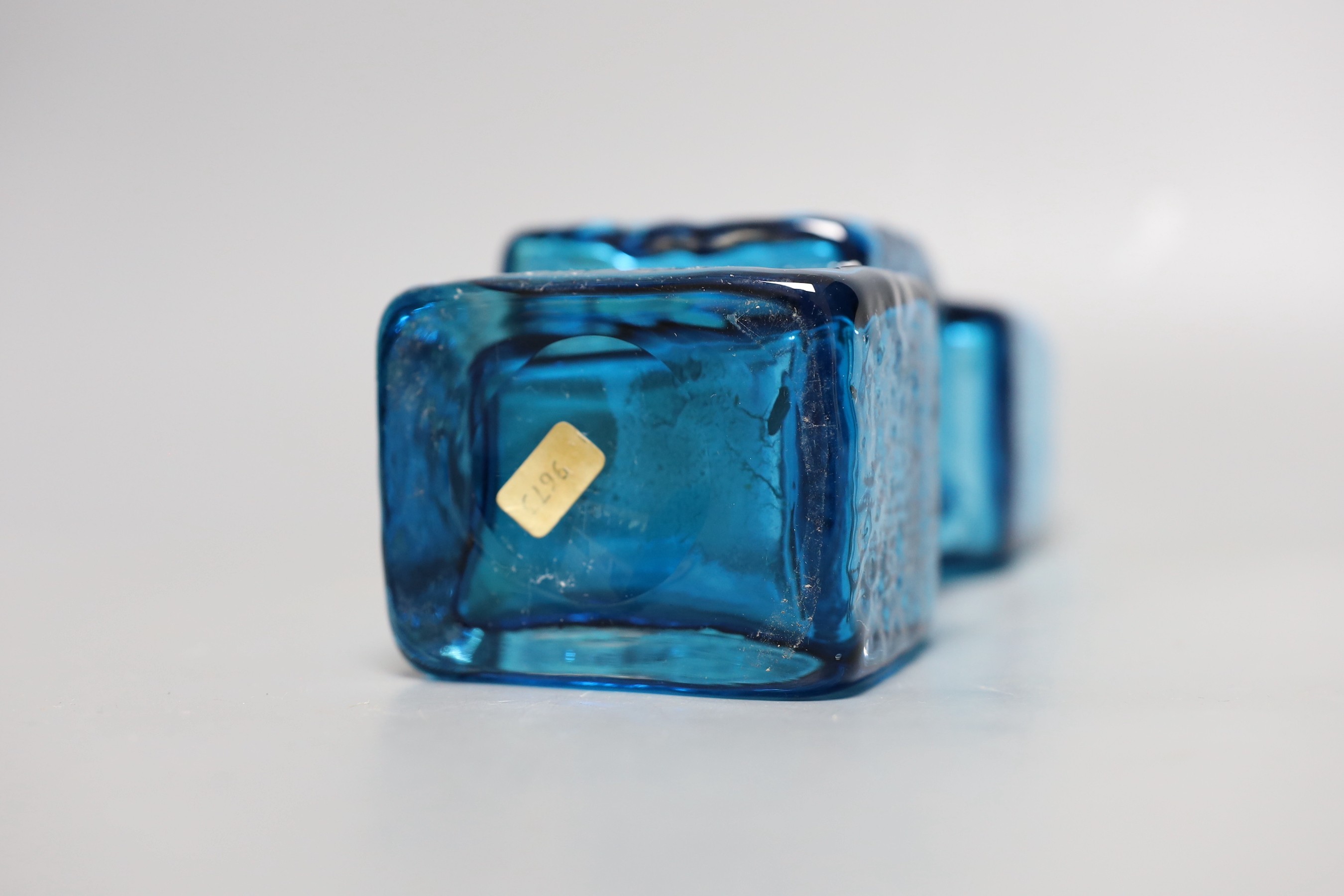 A Whitefriars 'Drunken Bricklayer's' glass vase, designed by Geoffrey Baxter, pattern number 9673, blue glass, 21cm tall